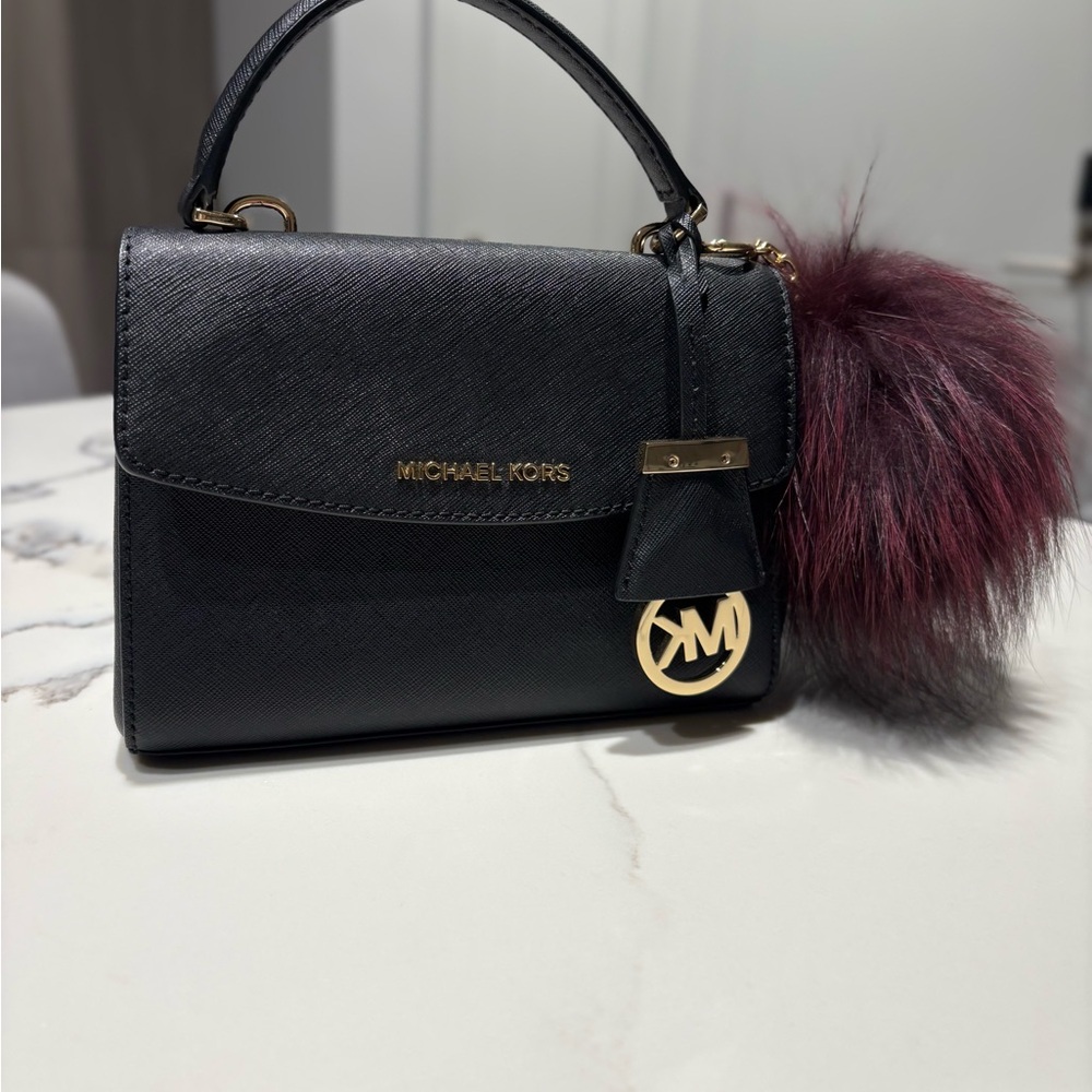 Michael Kors Black Mini Top-Handle Satchel with Burgundy Pom Charm